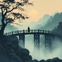 FLUX Pro 1.1 — A lone samurai standing on a misty bridge, ukiyo-e