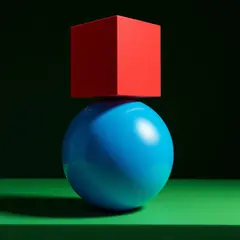 FLUX Pro 1.1 — A red cube on top of a blue sphere, both sitting o