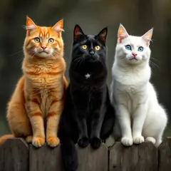 FLUX Pro 1.1 — Three cats of different colors sitting in a row on