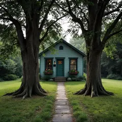 FLUX Pro 1.1 — A small house between two tall trees, with a path 