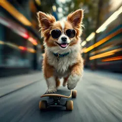 FLUX Pro 1.1 — A dog wearing sunglasses riding a skateboard down 