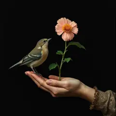 FLUX Pro 1.1 — A bird perched on the left hand of a person, the r