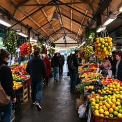 FLUX Pro 1.1 — A busy farmer's market scene with at least six dif