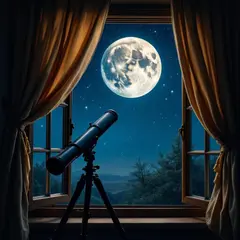 FLUX Pro 1.1 — A telescope pointing at the moon through an open w