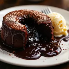 FLUX Pro 1.1 — A dripping chocolate lava cake cut open on a white