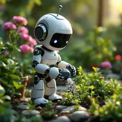 FLUX Pro 1.1 — A 3D render of a cute robot watering plants in a m