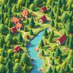 FLUX Pro 1.1 — An isometric low-poly village with tiny houses, tr