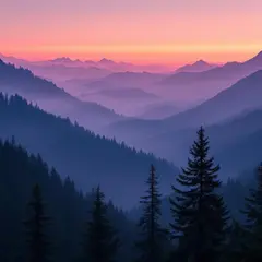 FLUX Pro 1.1 — A misty mountain range at sunrise, layers of purpl