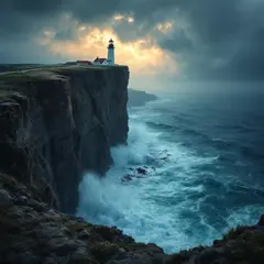 FLUX Pro 1.1 — A coastal cliff with crashing waves below, lightho