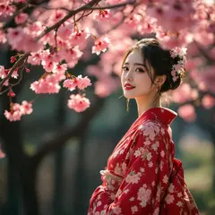 FLUX Pro 1.1 — A Japanese woman in a red kimono standing under ch