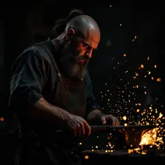 FLUX Pro 1.1 — A bearded blacksmith in a dark workshop, sparks fl