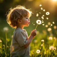 FLUX Pro 1.1 — A child blowing dandelion seeds in a sunlit meadow