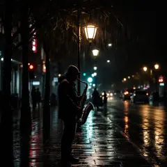 FLUX Pro 1.1 — A street musician playing saxophone under a lamppo