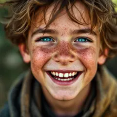 FLUX Pro 1.1 — A freckled boy with bright blue eyes and messy hai