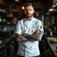 FLUX Pro 1.1 — A tattooed chef in a white coat, arms crossed, con