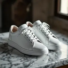 FLUX Pro 1.1 — A pair of white leather sneakers on a marble count