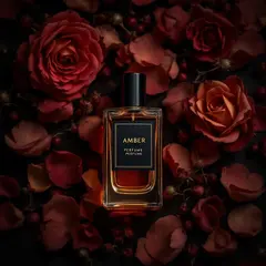 FLUX Pro 1.1 — A bottle of amber perfume on a bed of dried roses,