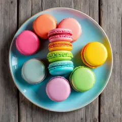 FLUX Pro 1.1 — A stack of colorful macarons on a pastel blue plat