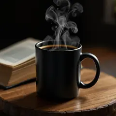 FLUX Pro 1.1 — A matte black coffee mug with steam rising, placed