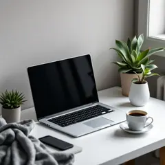 FLUX Pro 1.1 — A sleek laptop on a clean white desk with a potted