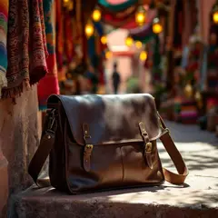 FLUX Pro 1.1 — A leather messenger bag on a sun-dappled step in a