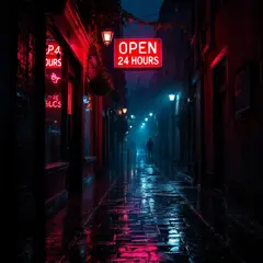 FLUX Pro 1.1 — A glowing neon sign reading OPEN 24 HOURS in a dar
