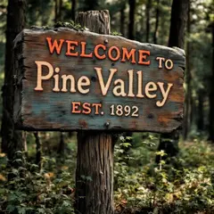 FLUX Pro 1.1 — A weathered wooden sign reading WELCOME TO PINE VA