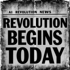 FLUX Pro 1.1 — A newspaper headline reading AI REVOLUTION BEGINS 
