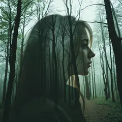 FLUX.1 [schnell] — A double exposure photograph combining a forest wi