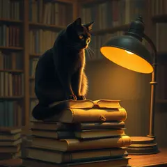 FLUX.1 [schnell] — A black cat sitting on a stack of old books in a c