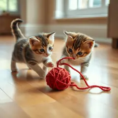 FLUX.1 [schnell] — Two kittens playing with a ball of red yarn on a h