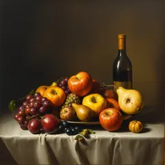 FLUX.1 [schnell] — A still life of fruit and wine on a table, Dutch G