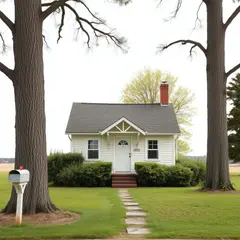 FLUX.1 [schnell] — A small house between two tall trees, with a path 