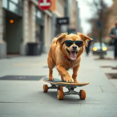 FLUX.1 [schnell] — A dog wearing sunglasses riding a skateboard down 