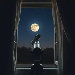 FLUX.1 [schnell] — A telescope pointing at the moon through an open w