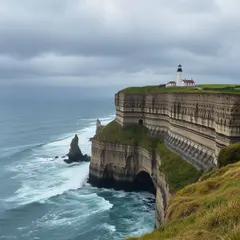 FLUX.1 [schnell] — A coastal cliff with crashing waves below, lightho