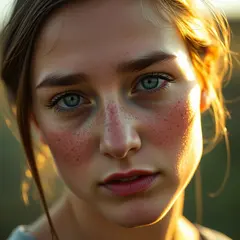 FLUX.1 [schnell] — A young woman with freckles and green eyes, golden