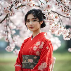 FLUX.1 [schnell] — A Japanese woman in a red kimono standing under ch