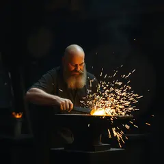 FLUX.1 [schnell] — A bearded blacksmith in a dark workshop, sparks fl
