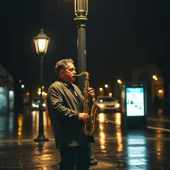 FLUX.1 [schnell] — A street musician playing saxophone under a lamppo