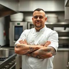 FLUX.1 [schnell] — A tattooed chef in a white coat, arms crossed, con