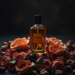 FLUX.1 [schnell] — A bottle of amber perfume on a bed of dried roses,