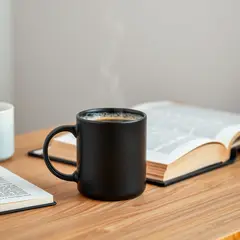 FLUX.1 [schnell] — A matte black coffee mug with steam rising, placed