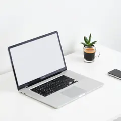 FLUX.1 [schnell] — A sleek laptop on a clean white desk with a potted