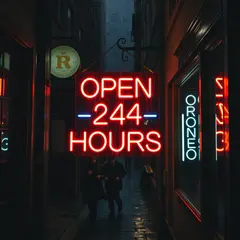 FLUX.1 [schnell] — A glowing neon sign reading OPEN 24 HOURS in a dar