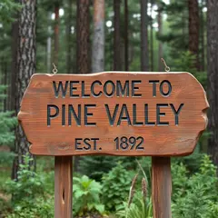 FLUX.1 [schnell] — A weathered wooden sign reading WELCOME TO PINE VA