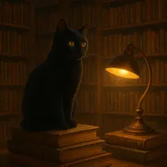 GPT Image 1 Mini — A black cat sitting on a stack of old books in a c