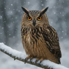 GPT Image 1 Mini — An owl perched on a snow-covered branch, intense a