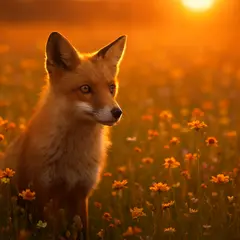 GPT Image 1 Mini — A fox in a field of wildflowers, backlit by sunset