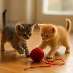 GPT Image 1 Mini — Two kittens playing with a ball of red yarn on a h